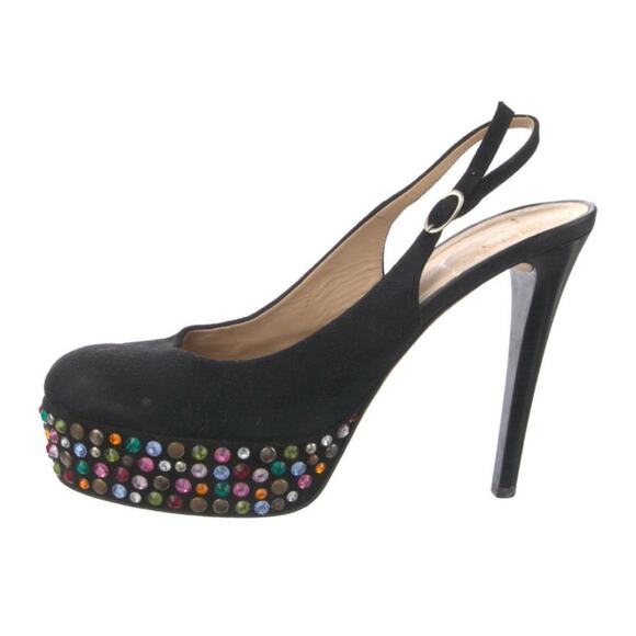 Giuseppe Zanotti Black Suede Platform Stiletto Slingback Rhinestones EU 40.5 - Picture 1 of 5